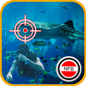 underwater scuba shark hunt icon