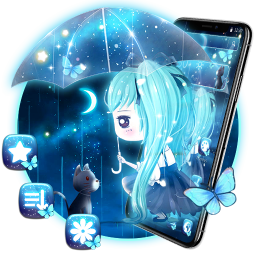 Kawaii Girl &amp; Cute Cat In Rain Theme icon