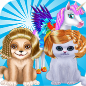 Game cooking and shopping and dressing up animals icon