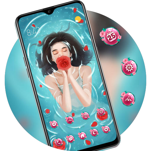 Illustration theme girl in the water flaming rose icon