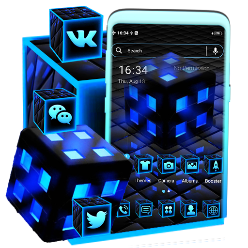 Blue Neon 3D Cube Theme أيقونة